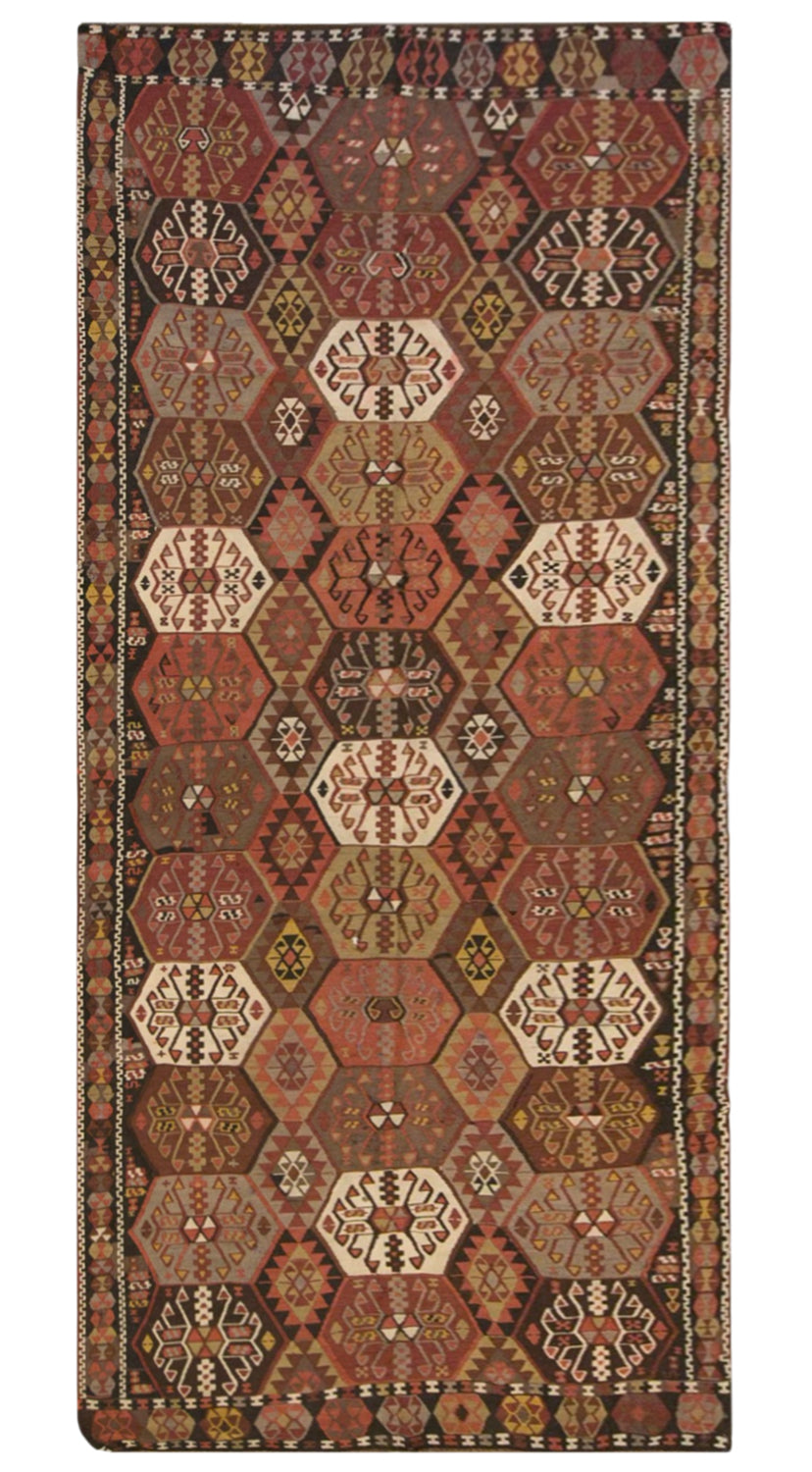 Vintage Kars Kilim Rug, 4.9 x 11.3 ft, 150 x 345 cm, Handwoven Turkish Wool Kilim