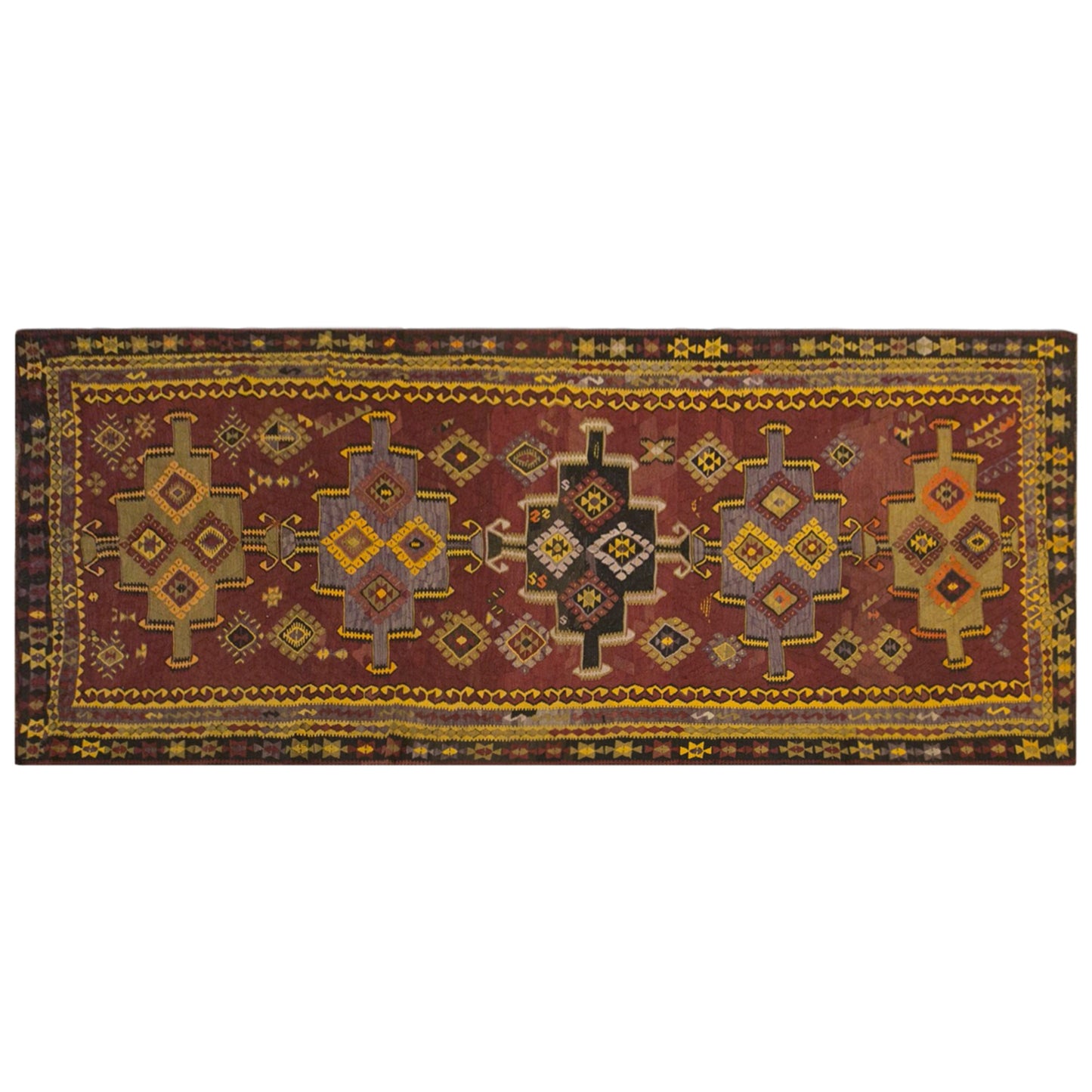 Vintage Kars Kilim Rug, 4.9 x 12.5 ft, 150 x 382 cm, Handwoven Turkish Wool Kilim