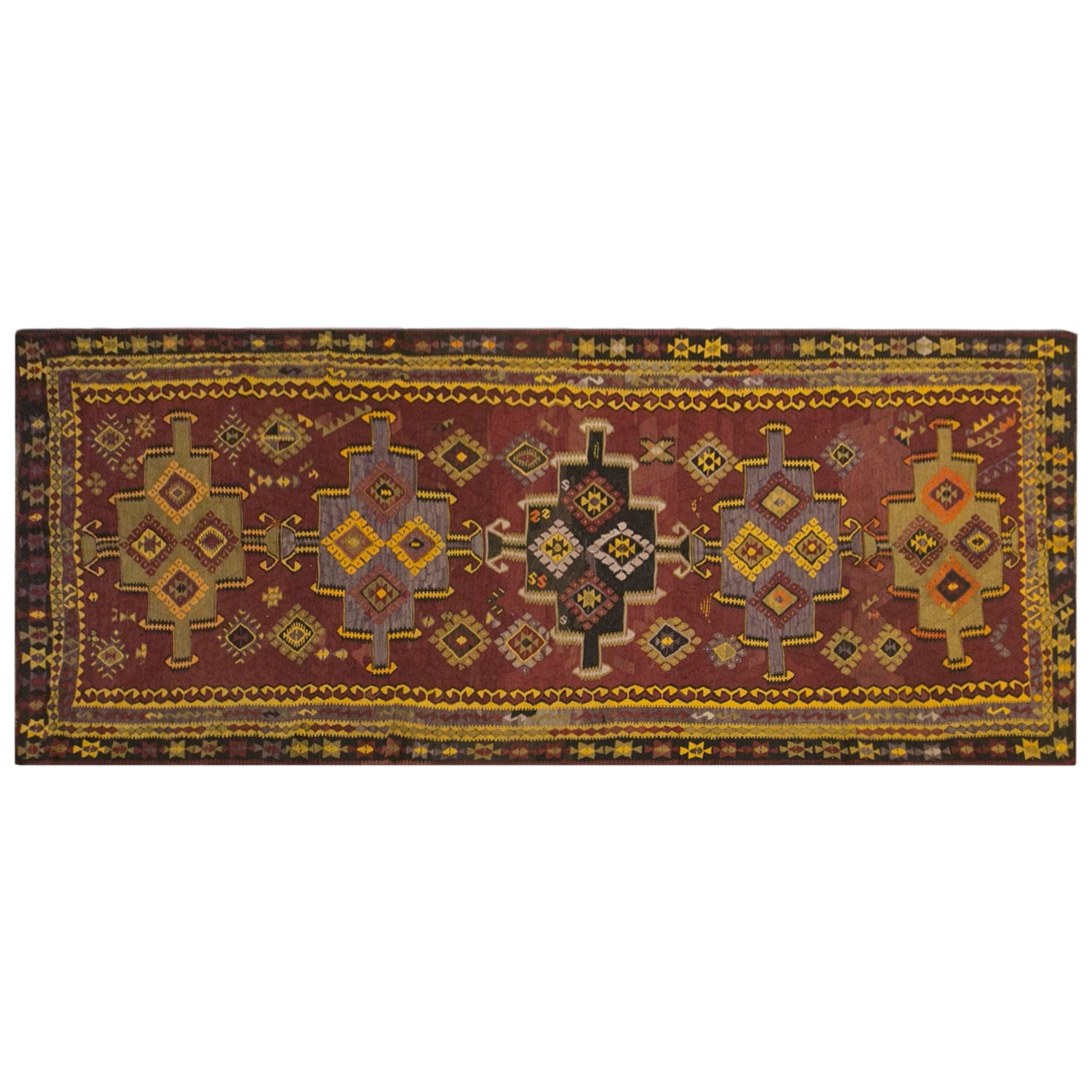 Vintage Kars Kilim Rug, 4.9 x 12.5 ft, 150 x 382 cm, Handwoven Turkish Wool Kilim