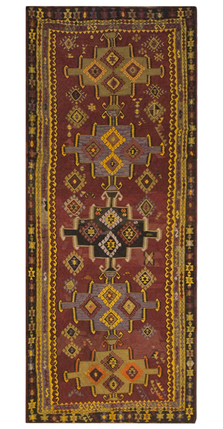 Vintage Kars Kilim Rug, 4.9 x 12.5 ft, 150 x 382 cm, Handwoven Turkish Wool Kilim