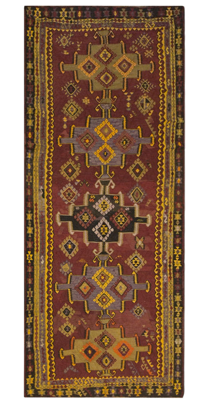 Vintage Kars Kilim Rug, 4.9 x 12.5 ft, 150 x 382 cm, Handwoven Turkish Wool Kilim