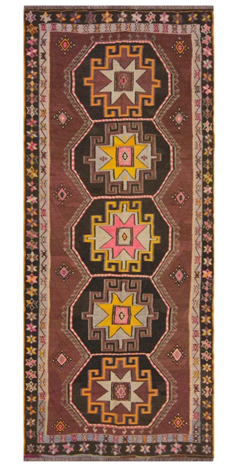 Vintage Kars Kilim Rug, 5.1 x 11.0 ft, 155 x 336 cm, Handwoven Turkish Wool Kilim