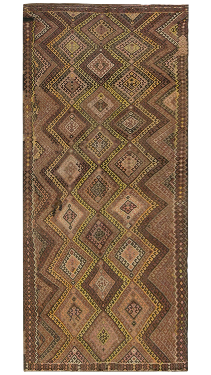 Vintage Kars Kilim Rug, 5.1 x 11.5 ft, 155 x 350 cm, Handwoven Turkish Wool Kilim