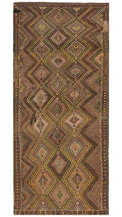 Vintage Kars Kilim Rug, 5.1 x 11.5 ft, 155 x 350 cm, Handwoven Turkish Wool Kilim