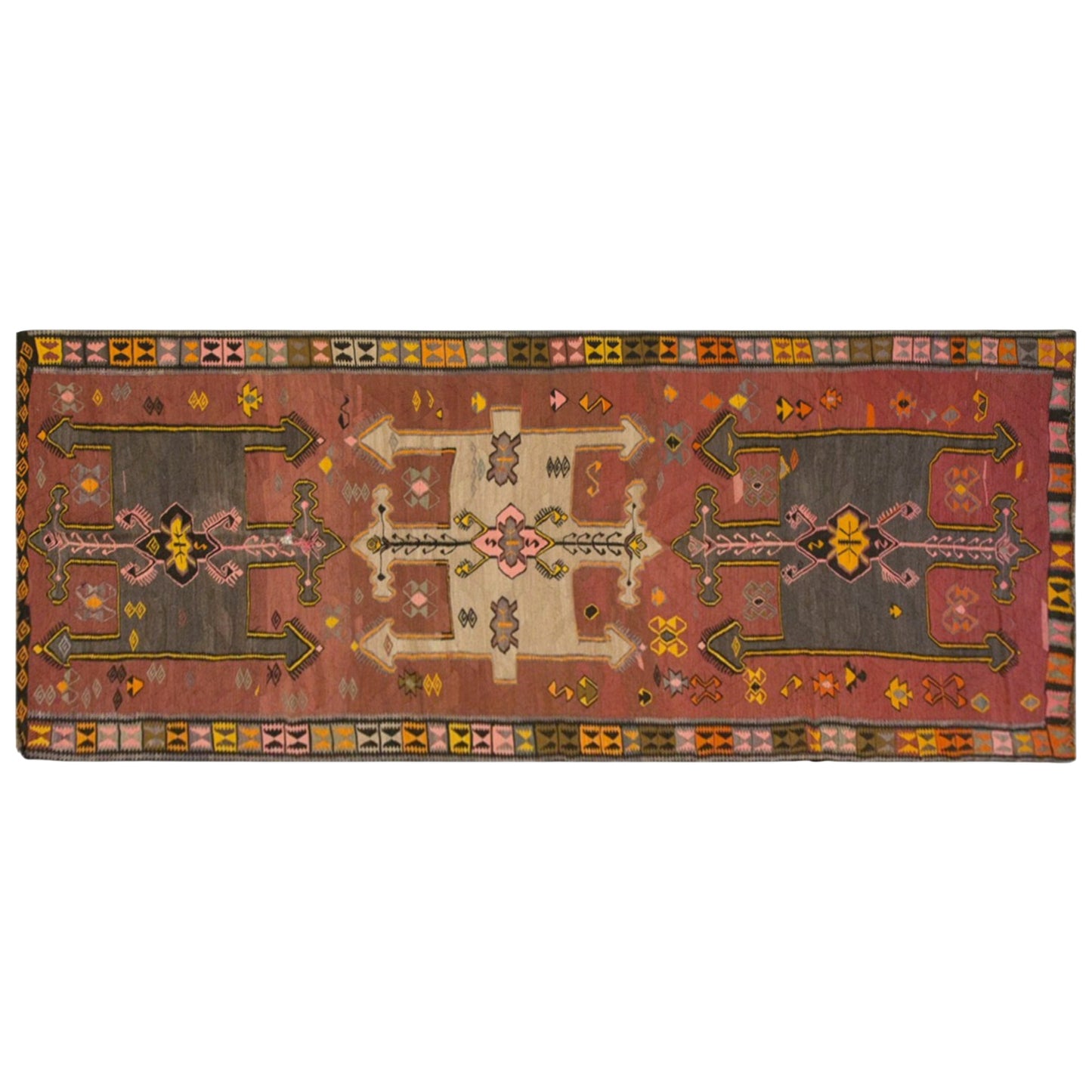 Vintage Kars Kilim Rug, 5.1 x 13.9 ft, 155 x 425 cm, Handwoven Turkish Wool Kilim