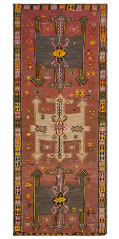 Vintage Kars Kilim Rug, 5.1 x 13.9 ft, 155 x 425 cm, Handwoven Turkish Wool Kilim