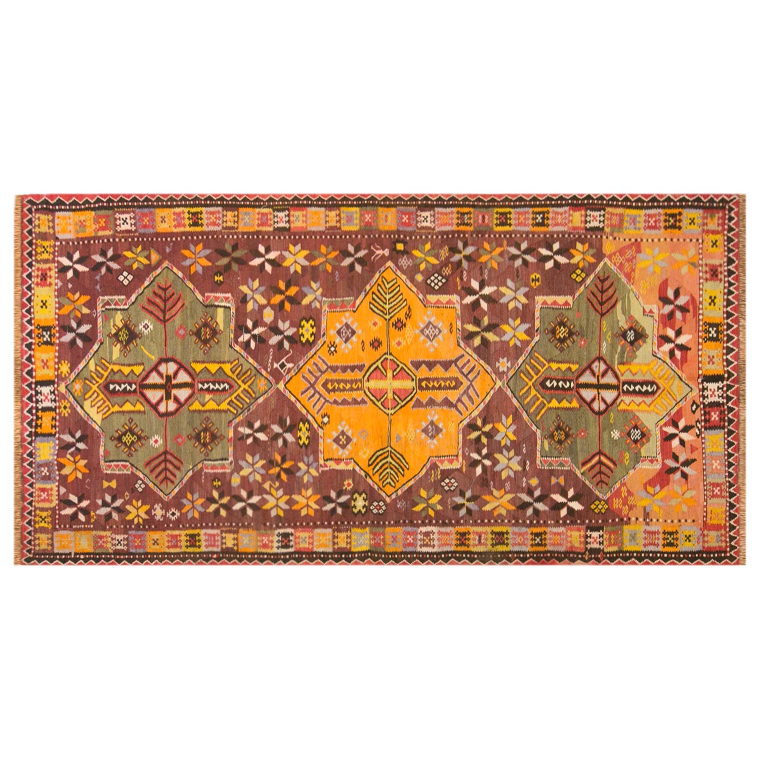 Vintage Kars Kilim Rug, 5.2 x 11.2 ft, 160 x 340 cm, Handwoven Turkish Wool Kilim