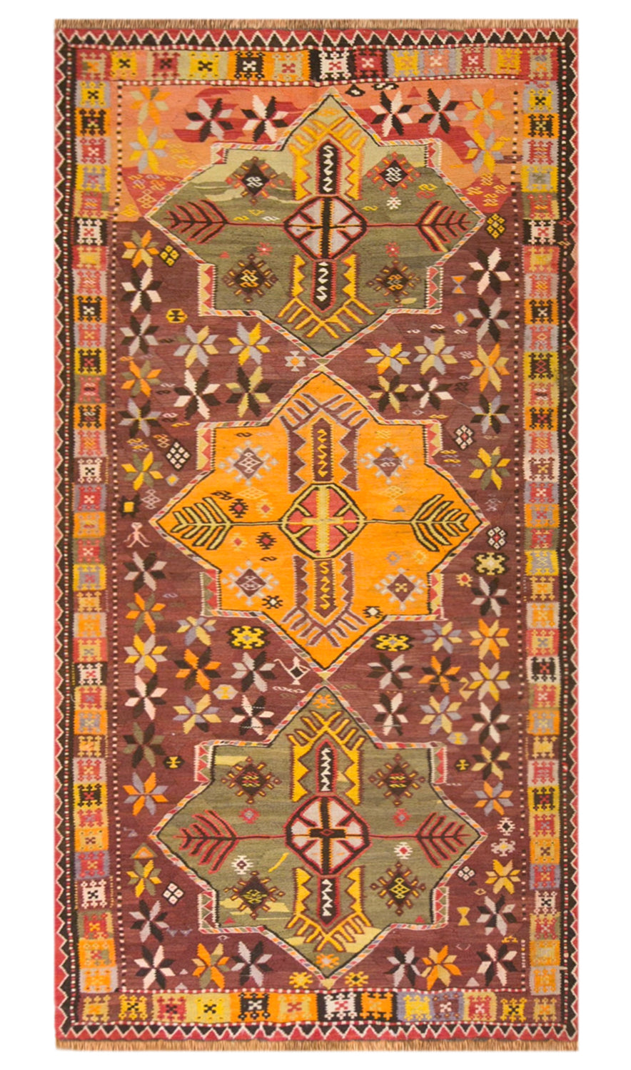 Vintage Kars Kilim Rug, 5.2 x 11.2 ft, 160 x 340 cm, Handwoven Turkish Wool Kilim