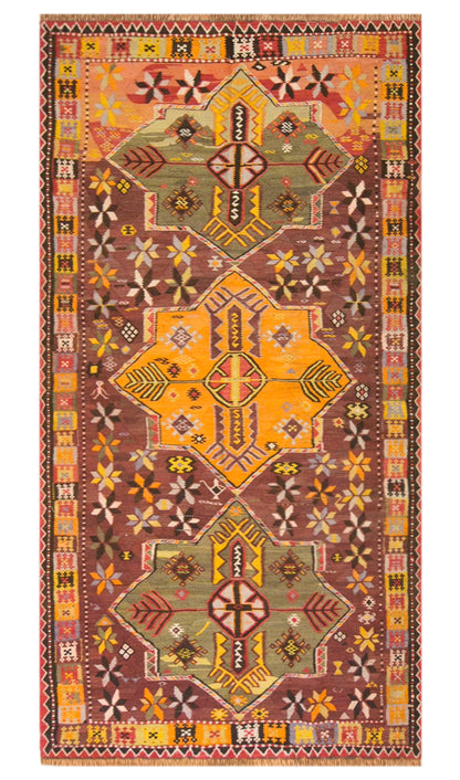 Vintage Kars Kilim Rug, 5.2 x 11.2 ft, 160 x 340 cm, Handwoven Turkish Wool Kilim