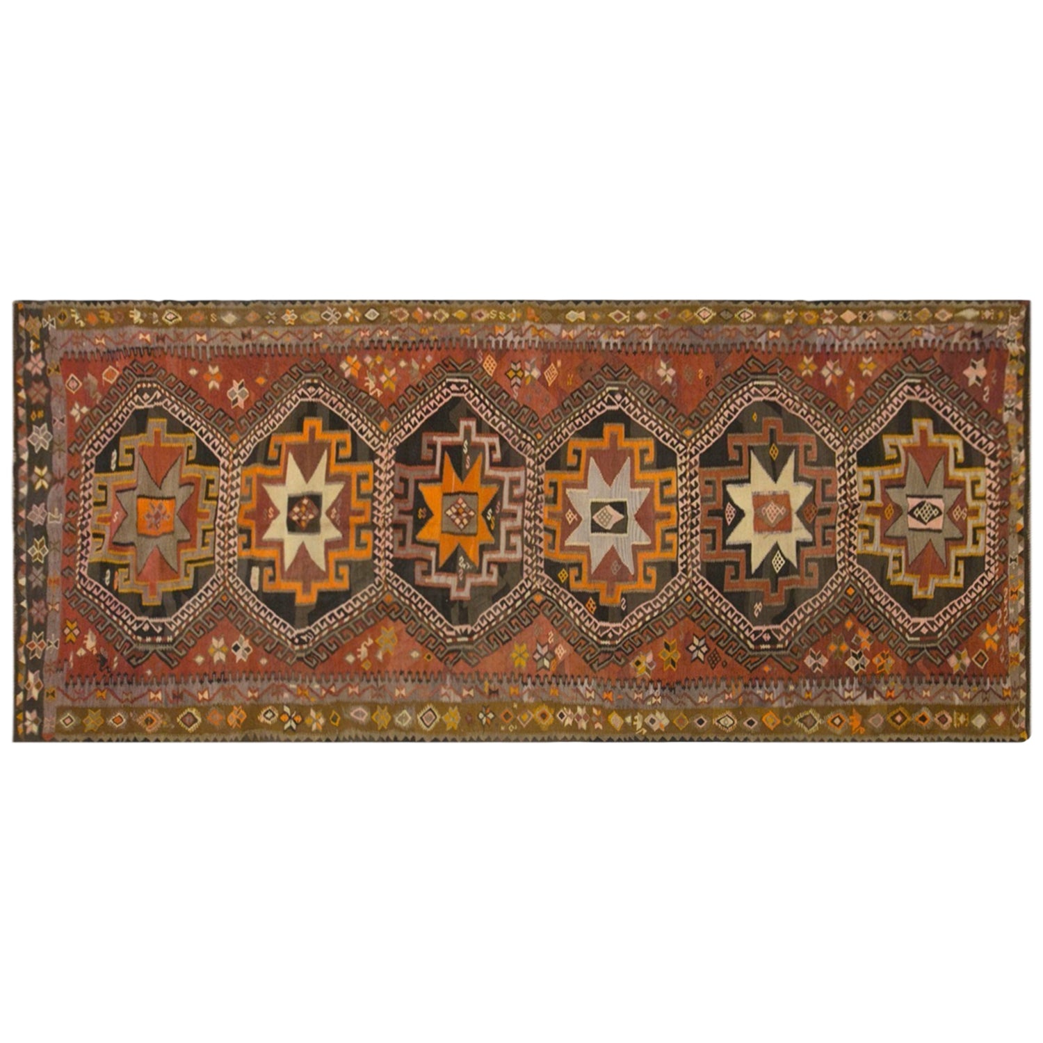 Vintage Kars Kilim Rug, 5.4 x 13.1 ft, 165 x 400 cm, Handwoven Turkish Wool Kilim