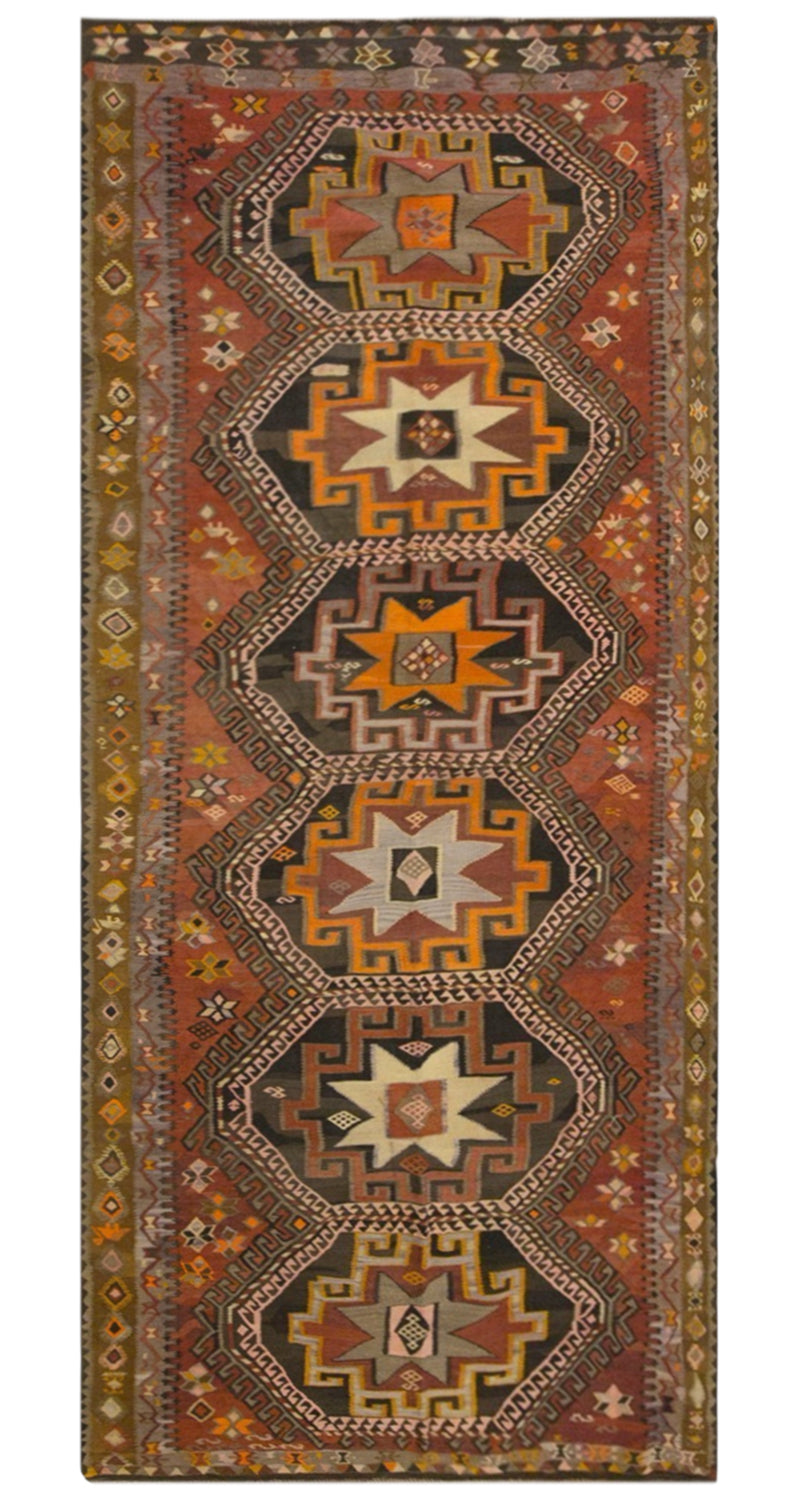 Vintage Kars Kilim Rug, 5.4 x 13.1 ft, 165 x 400 cm, Handwoven Turkish Wool Kilim