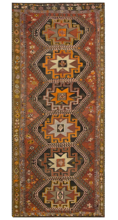 Vintage Kars Kilim Rug, 5.4 x 13.1 ft, 165 x 400 cm, Handwoven Turkish Wool Kilim