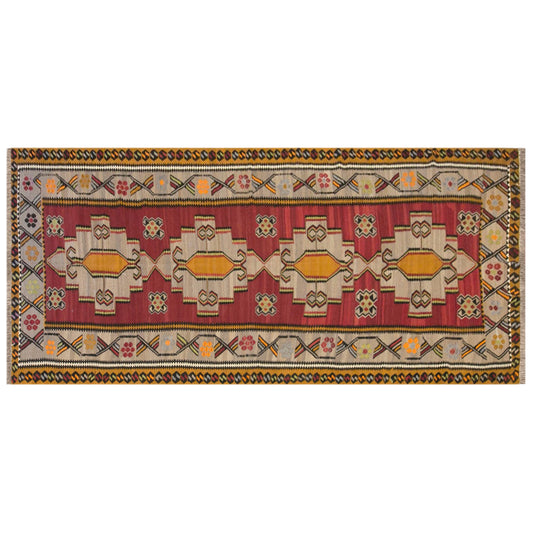 Vintage Kars Kilim Rug, 5.6 x 13.6 ft, 170 x 415 cm, Handwoven Turkish Wool Kilim