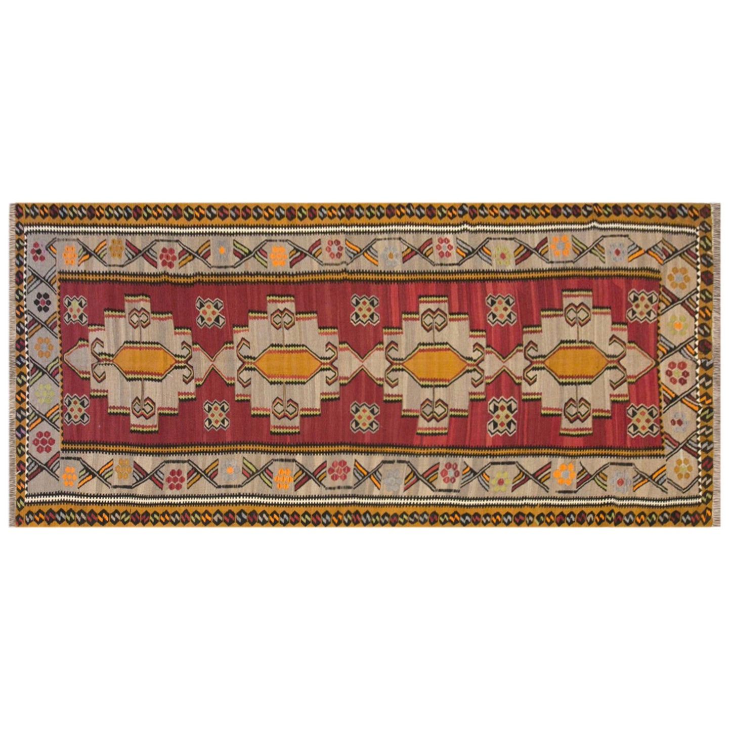 Vintage Kars Kilim Rug, 5.6 x 13.6 ft, 170 x 415 cm, Handwoven Turkish Wool Kilim