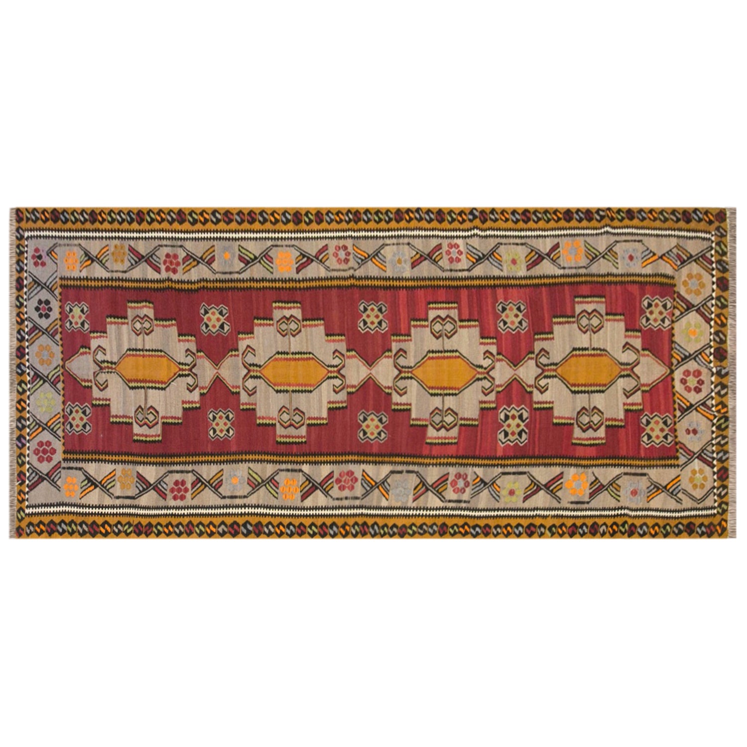 Vintage Kars Kilim Rug, 5.6 x 13.6 ft, 170 x 415 cm, Handwoven Turkish Wool Kilim