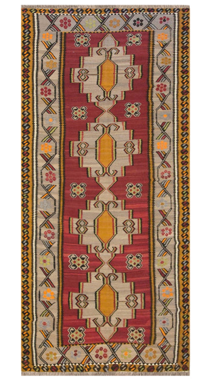 Vintage Kars Kilim Rug, 5.6 x 13.6 ft, 170 x 415 cm, Handwoven Turkish Wool Kilim