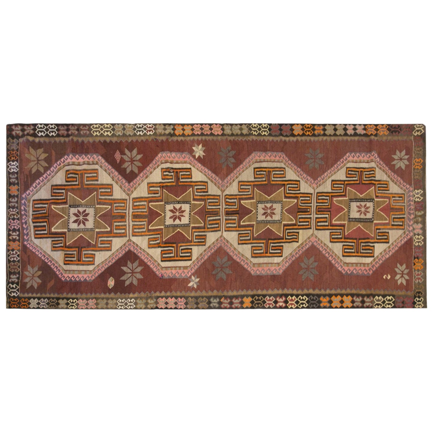 Vintage Kars Kilim Rug, 6.2 x 14.0 ft, 190 x 427 cm, Handwoven Turkish Wool Kilim