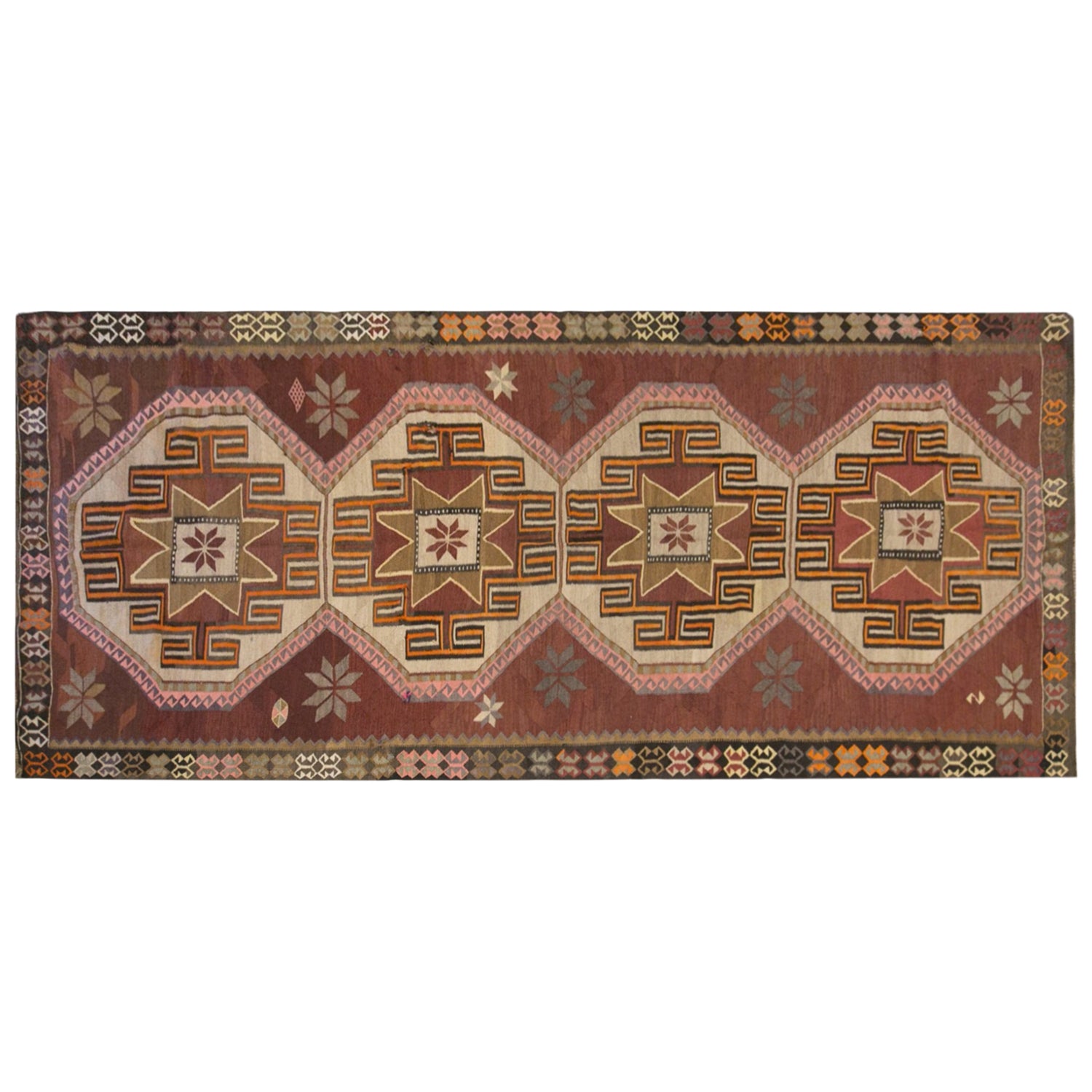 Vintage Kars Kilim Rug, 6.2 x 14.0 ft, 190 x 427 cm, Handwoven Turkish Wool Kilim