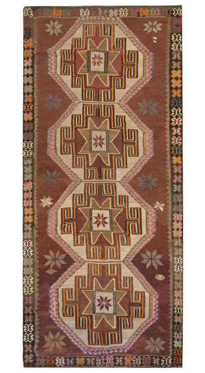 Vintage Kars Kilim Rug, 6.2 x 14.0 ft, 190 x 427 cm, Handwoven Turkish Wool Kilim
