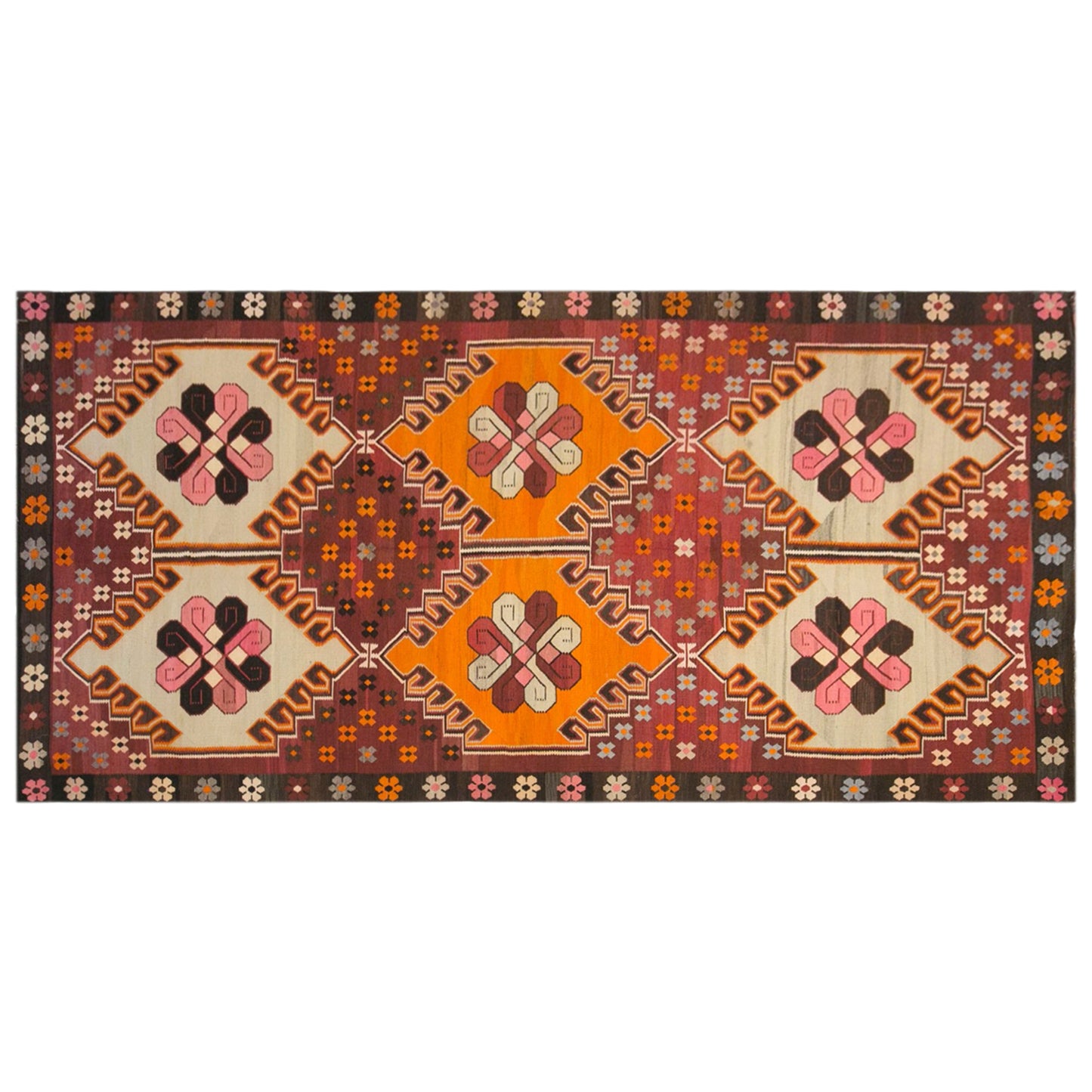 Vintage Kars Kilim Rug, 6.4 x 13.5 ft, 195 x 410 cm, Handwoven Turkish Wool Kilim