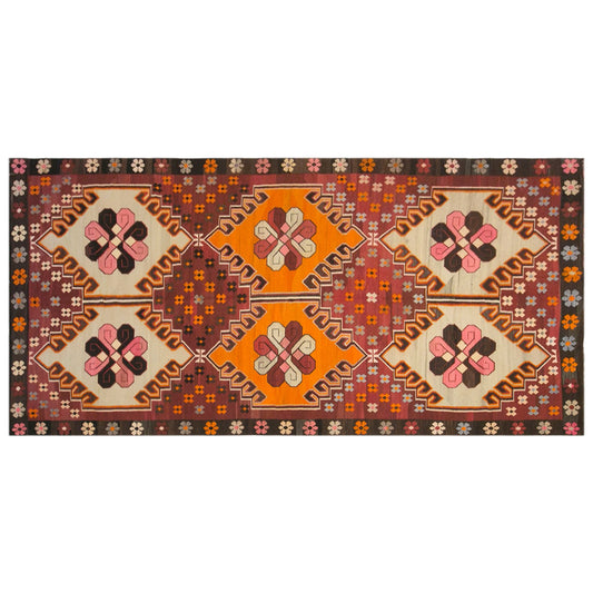 Vintage Kars Kilim Rug, 6.4 x 13.5 ft, 195 x 410 cm, Handwoven Turkish Wool Kilim
