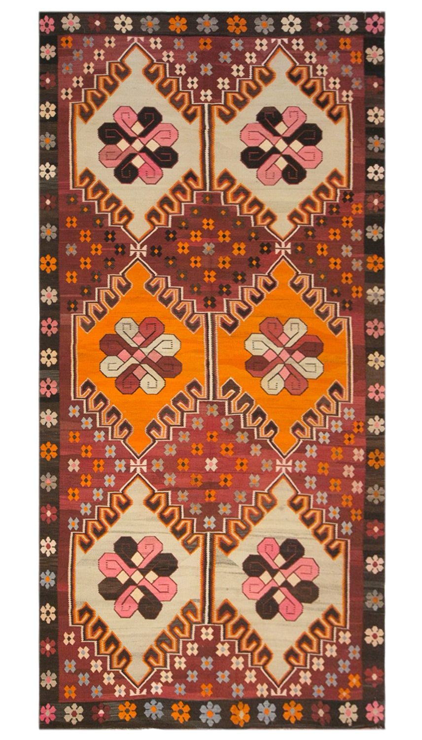 Vintage Kars Kilim Rug, 6.4 x 13.5 ft, 195 x 410 cm, Handwoven Turkish Wool Kilim