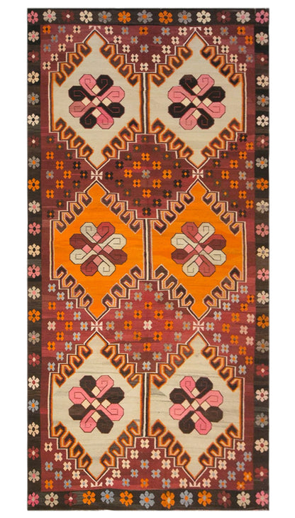 Vintage Kars Kilim Rug, 6.4 x 13.5 ft, 195 x 410 cm, Handwoven Turkish Wool Kilim