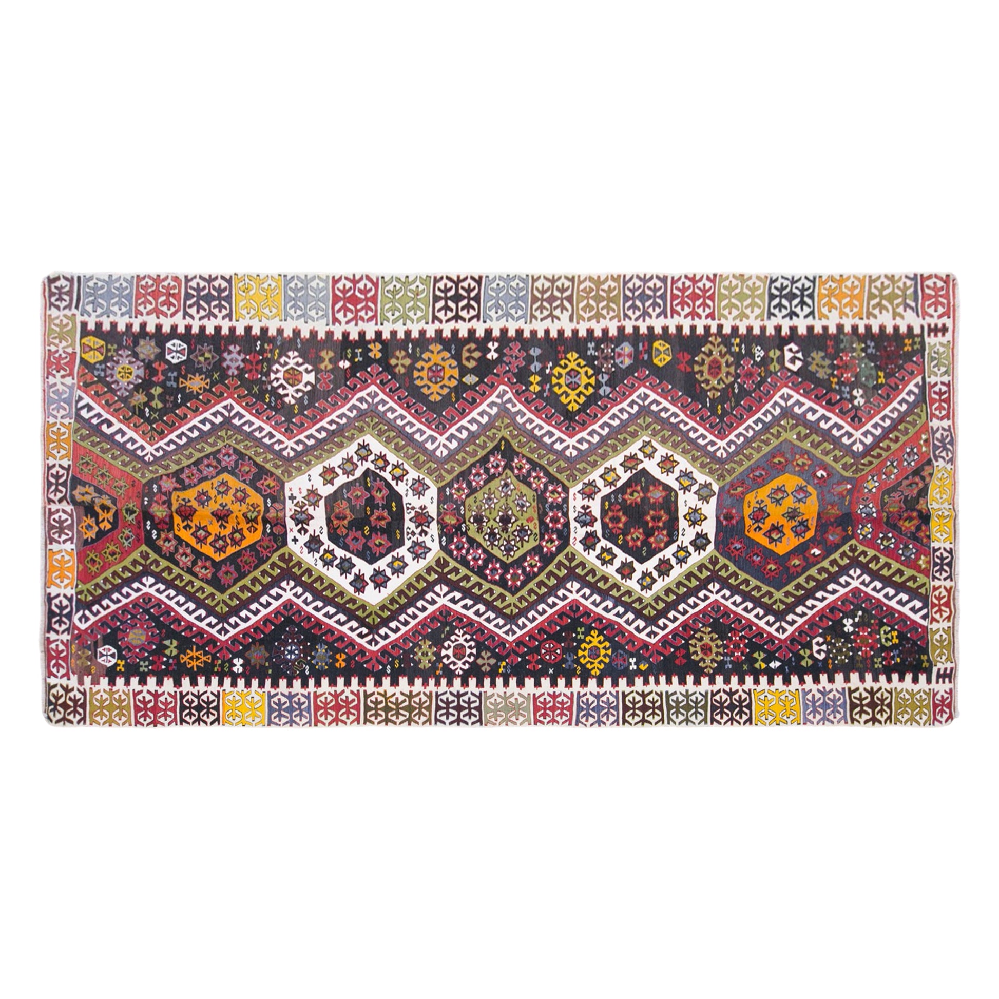 Vintage Konya Taşpınar Kilim Rug, 5.9x13 ft, 180x395 cm, Handwoven Turkish Wool Kilim