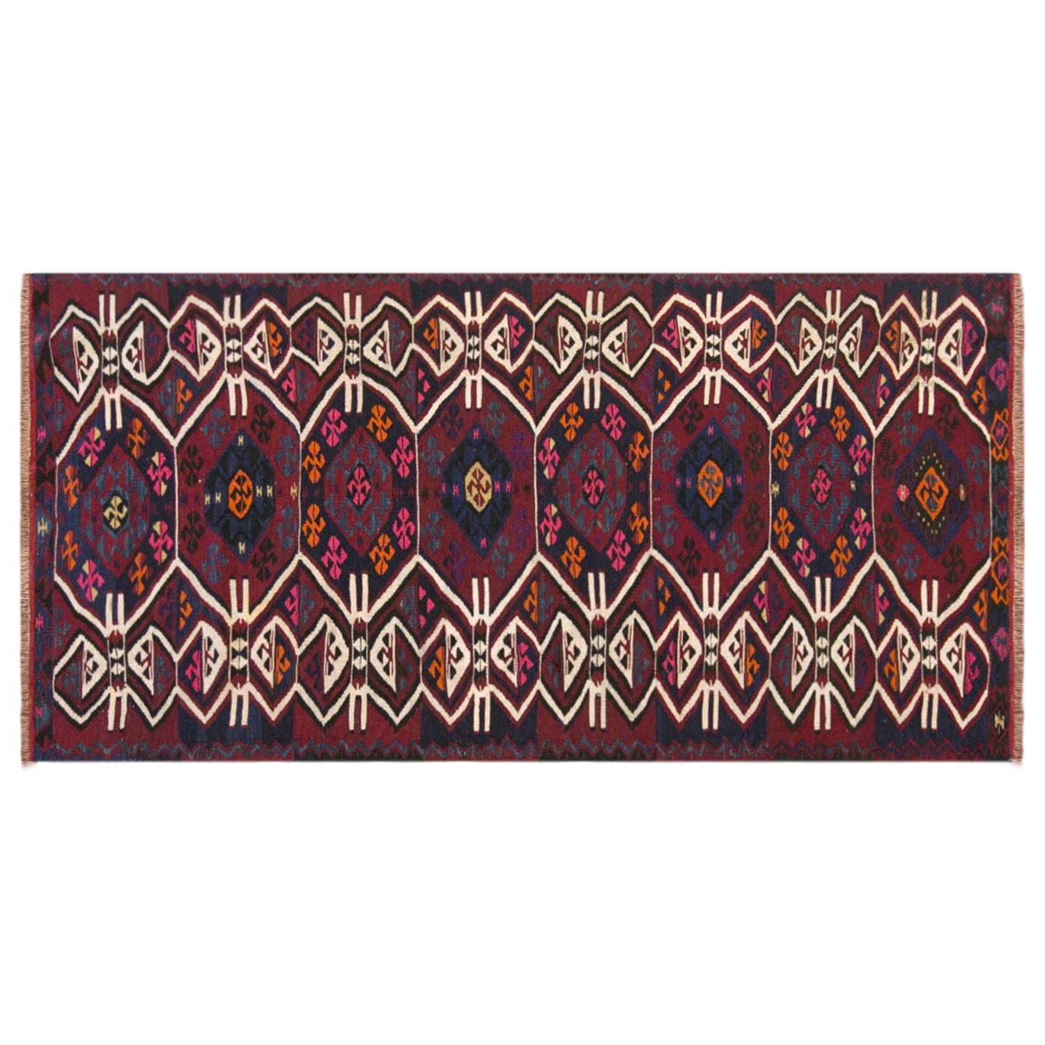 Vintage Turkish Kilim Rug, 3.0 x 7.9 ft, 90 x 240 cm, Handwoven Wool Kilim