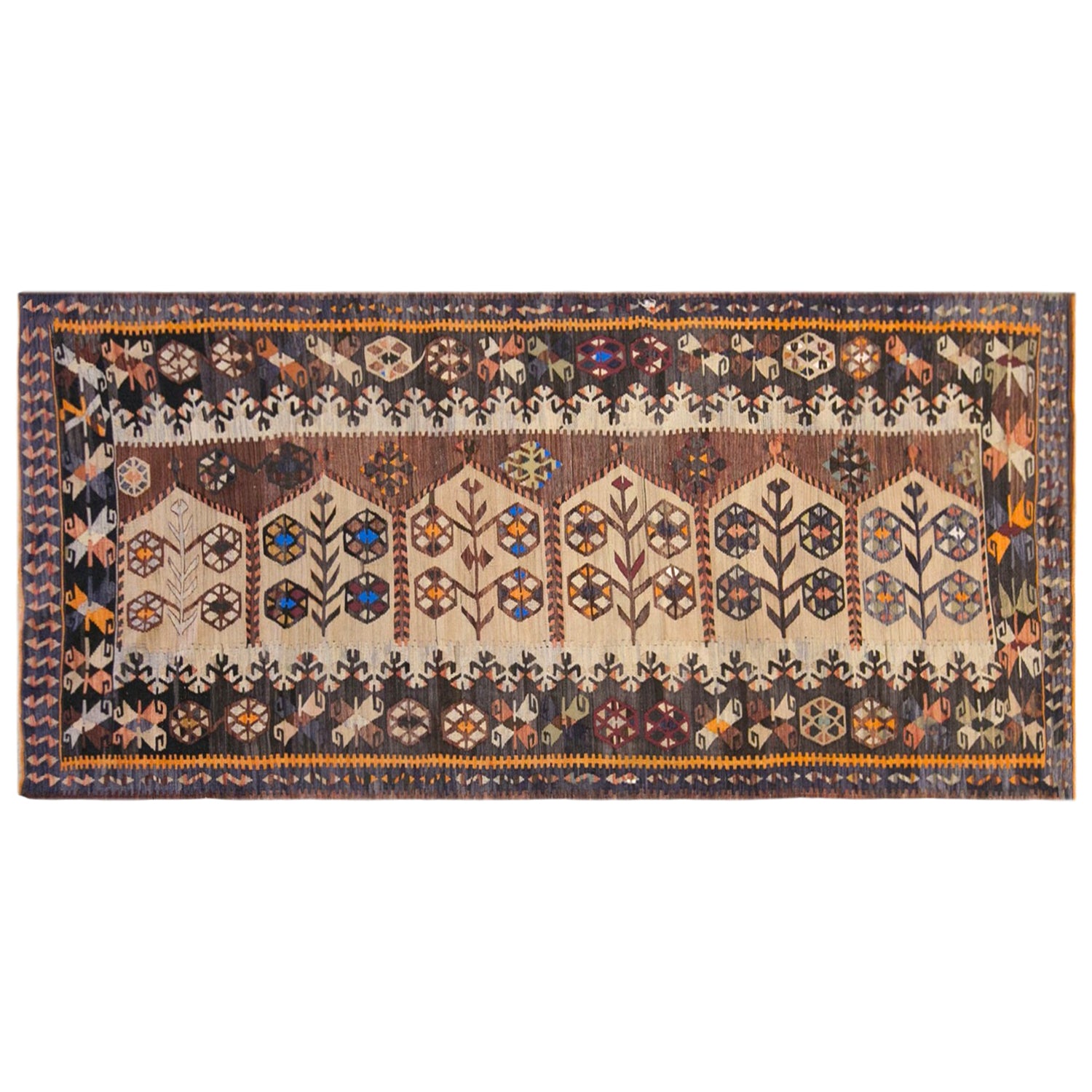 Vintage Turkish Kilim Runner Rug, 3.4 x 9.7 ft, 105 x 295 cm, Handwoven Wool Kilim