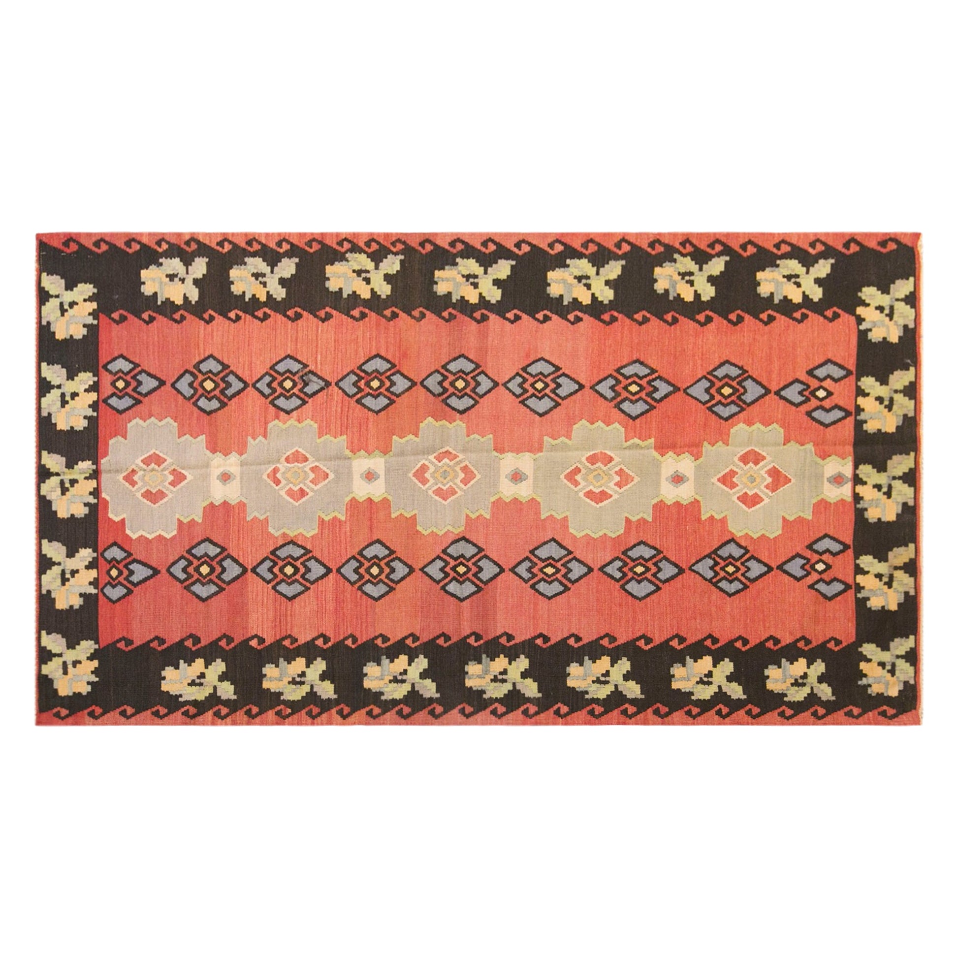Vintage Turkish Kilim Rug, 4.1 x 7.5 ft, 126 x 230 cm, Handwoven Wool Kilim