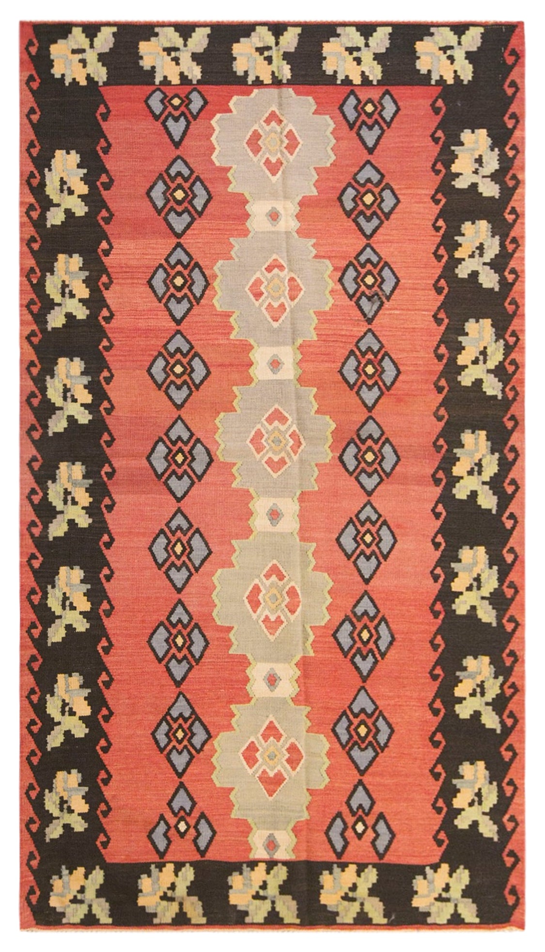 Vintage Turkish Kilim Rug, 4.1 x 7.5 ft, 126 x 230 cm, Handwoven Wool Kilim