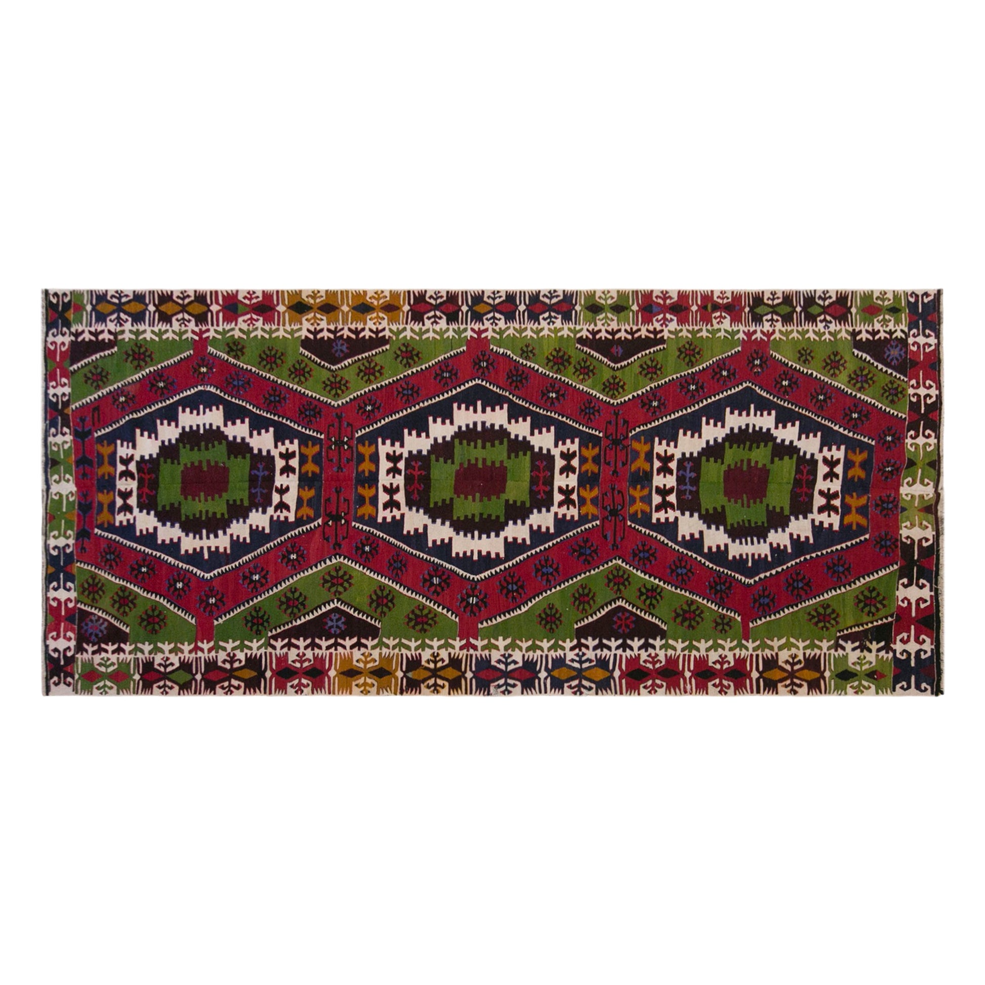 Vintage Turkish Kilim Rug, 5.1 x 11.3 ft, 155 x 345 cm, Handwoven Wool Kilim