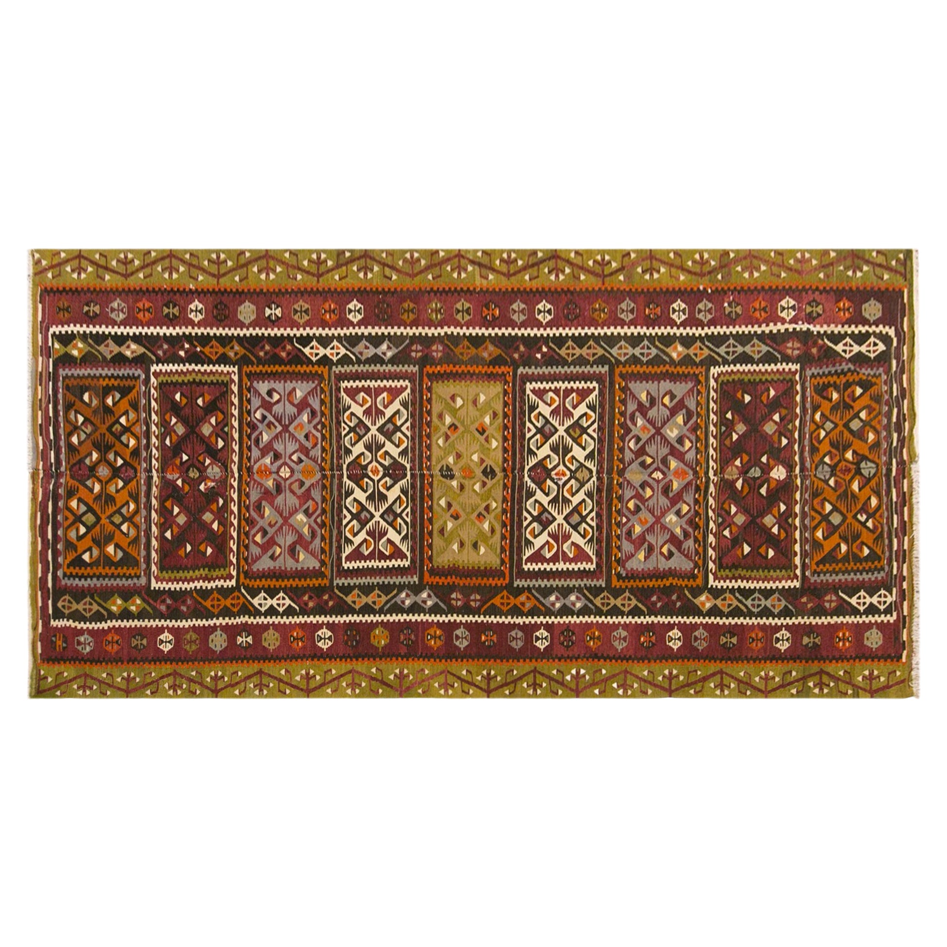 Vintage Turkish Kilim Rug, 5.1 x 11.6 ft, 156 x 355 cm, Handwoven Wool Kilim