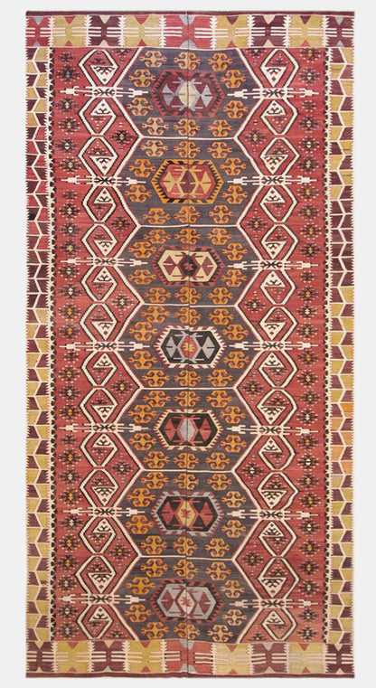 Vintage Turkish Kilim Rug, 5.4 x 12.8 ft, 165 x 390 cm, Handwoven Wool Kilim