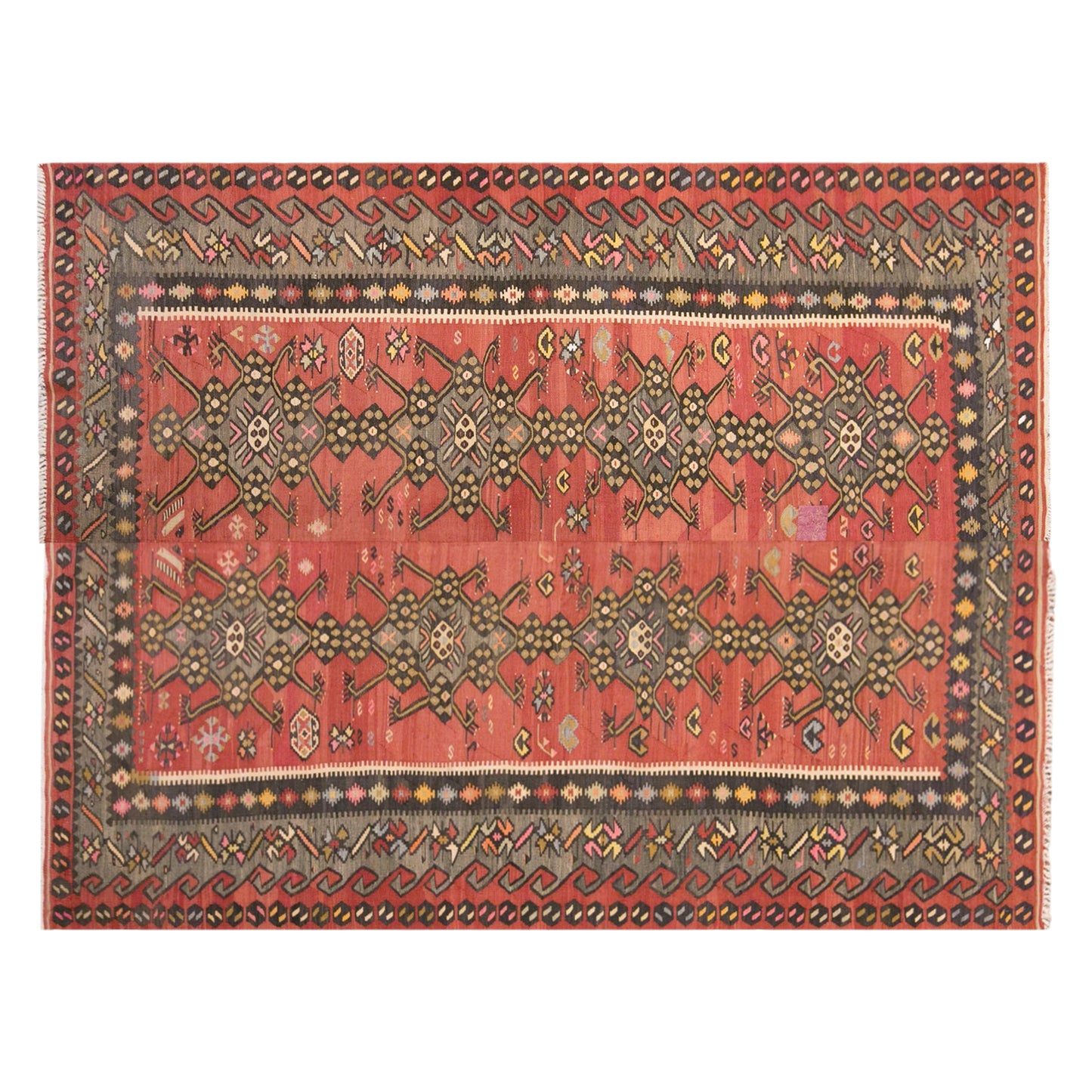 Vintage Turkish Kilim Rug, 6.6 x 10.8 ft, 202 x 330 cm, Handwoven Wool Kilim