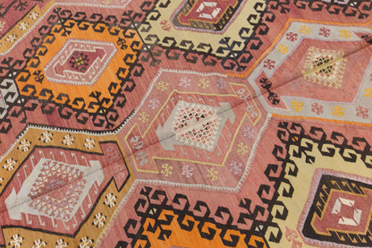Vintage Turkish Kilim Rug, 7.4x13 ft, 225x395 cm, Handwoven Turkish Wool Kilim
